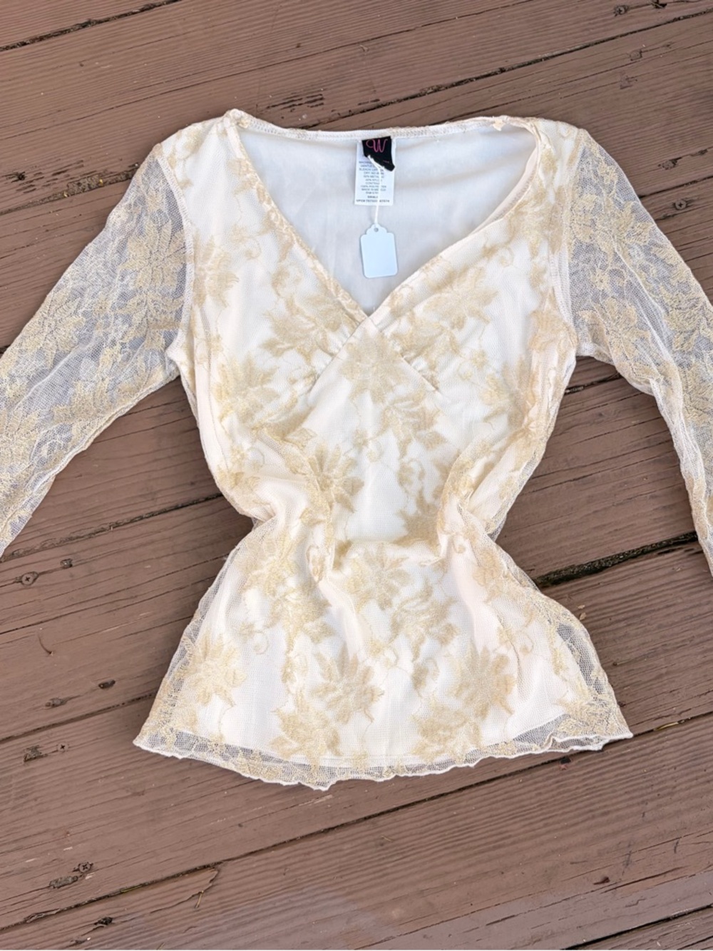 Y2K Wrapper cream and gold floral lace 3/4 sleeve top with sheer sleeves